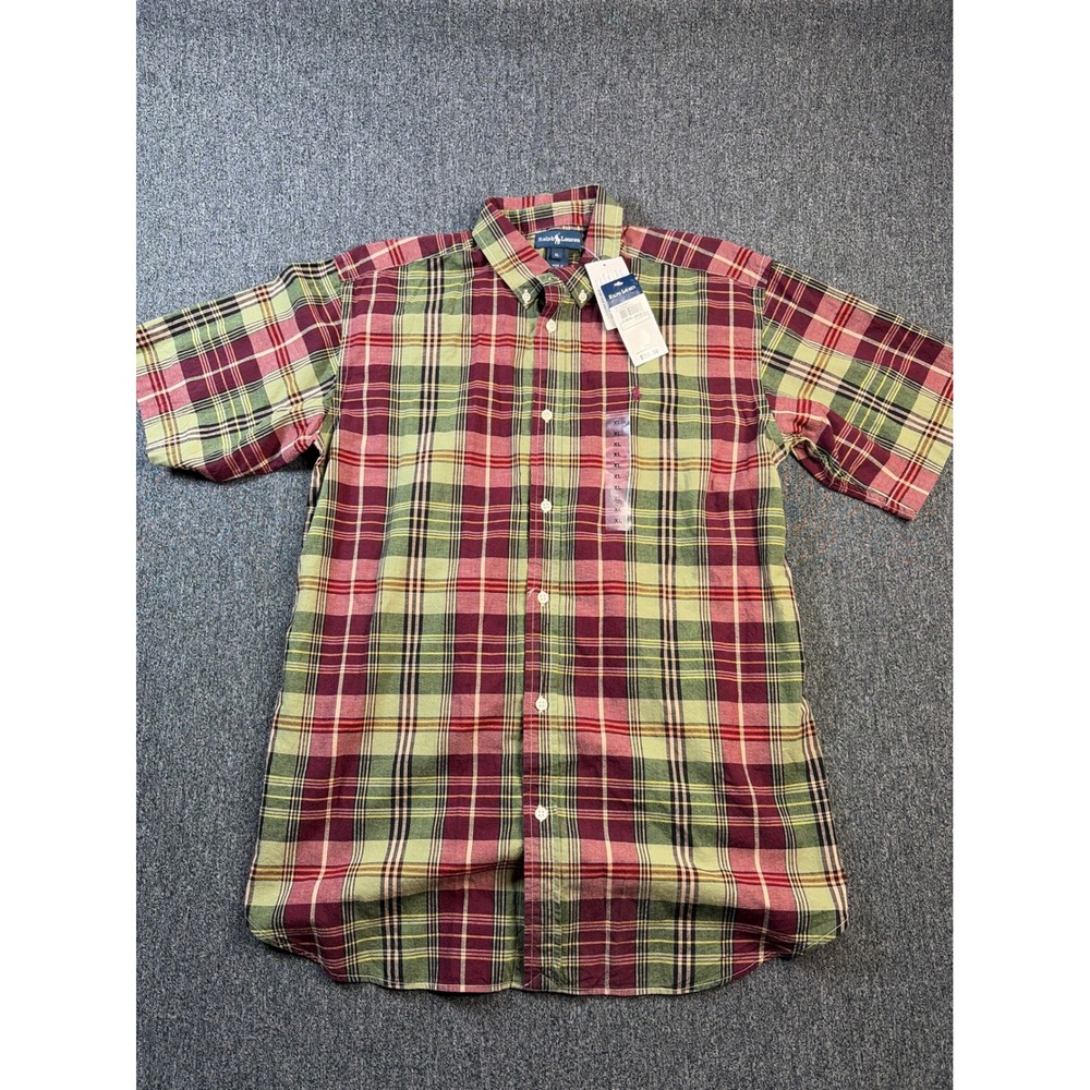 Ralph Lauren Boys XL Short Sleeve Plaid Button Down Shirt Burgundy Green Cotton